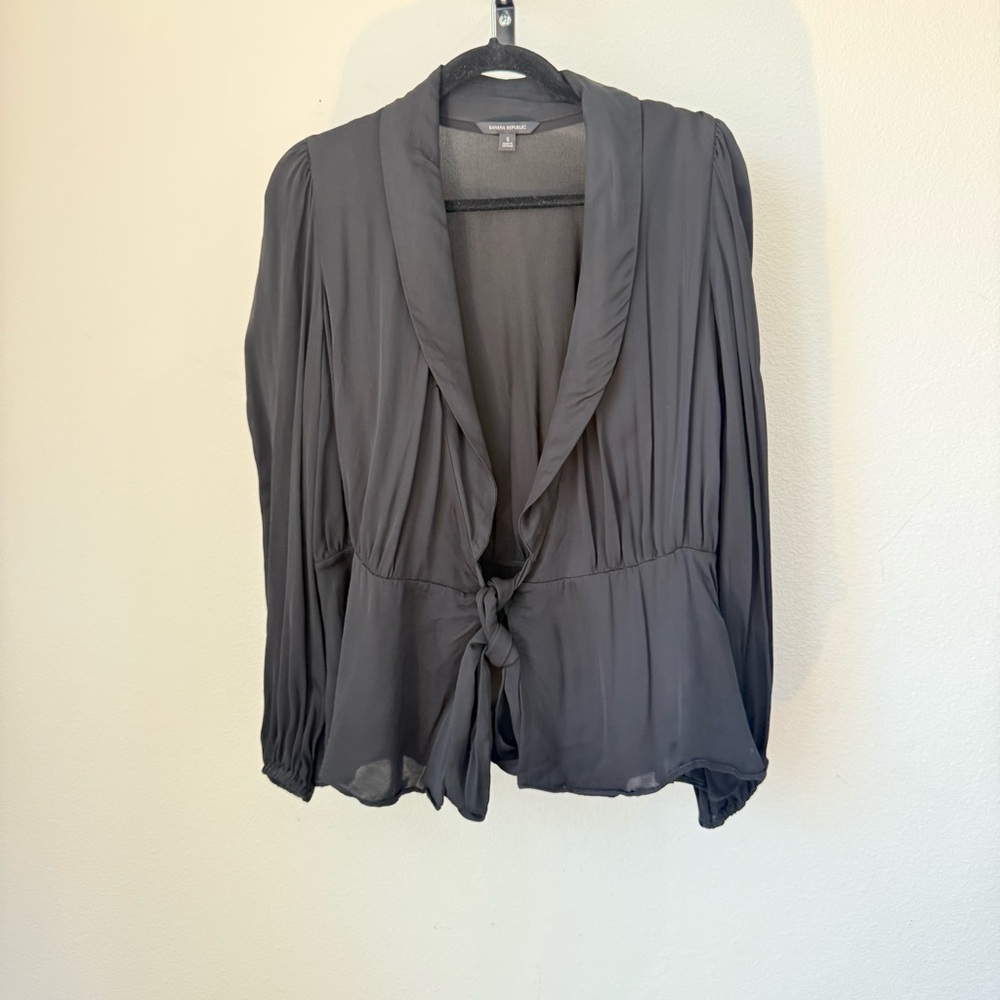 Banana Republic Black Tie-Front Blouse‎ Women’s Draped Shawl Collar, Long Sleeve